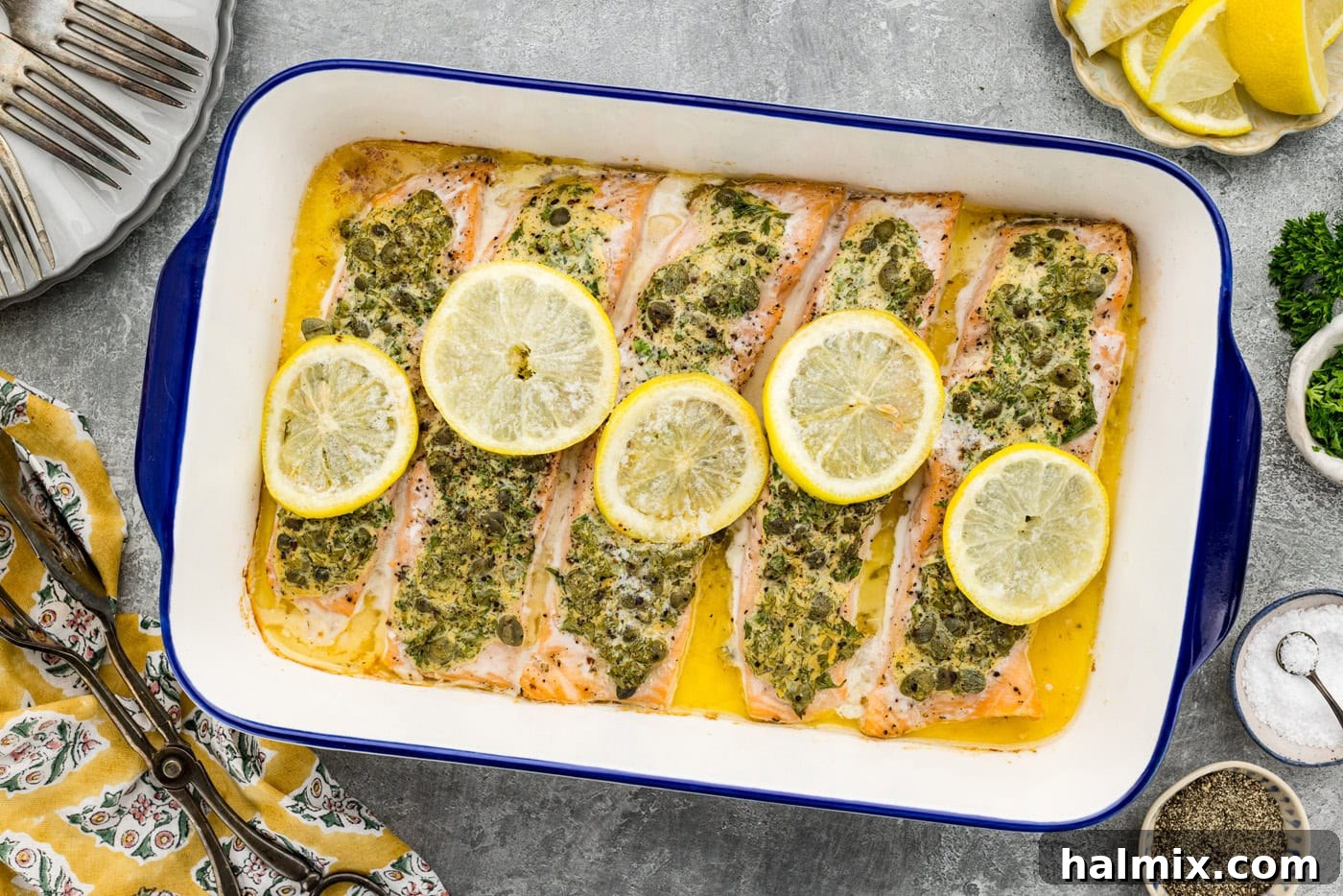 Baked lemon caper salmon in a dish