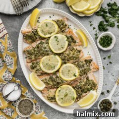 Close up photo of a platter of Lemon Caper Salmon