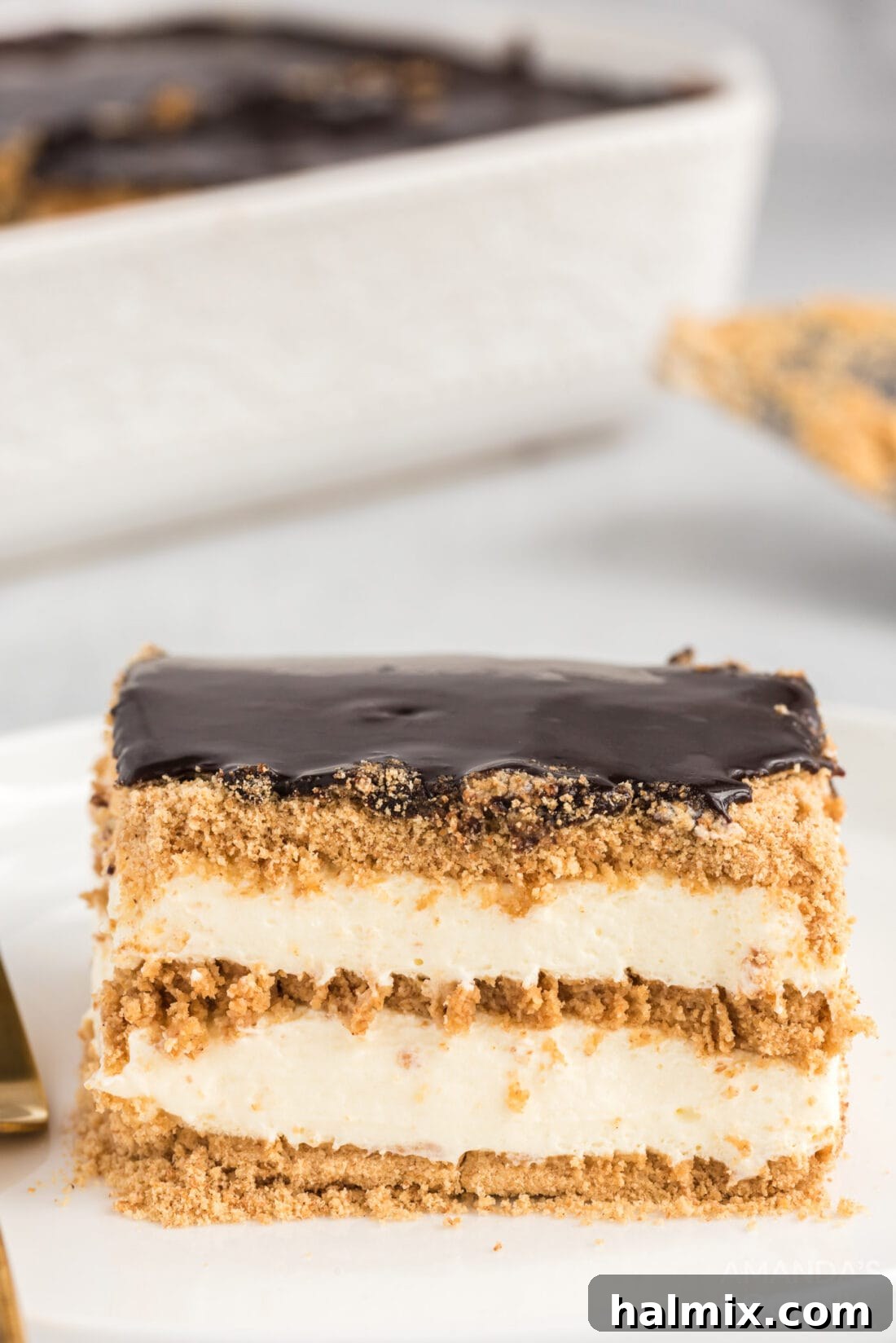 A perfectly portioned slice of Eclair Cake, showcasing its beautiful layers of graham cracker, creamy filling, and rich chocolate topping.
