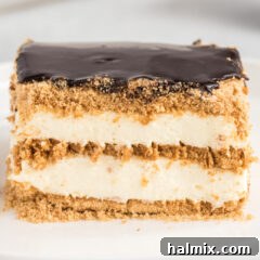A top-down view of a complete Eclair Cake, showcasing its inviting texture and glossy chocolate topping, ready to be served.
