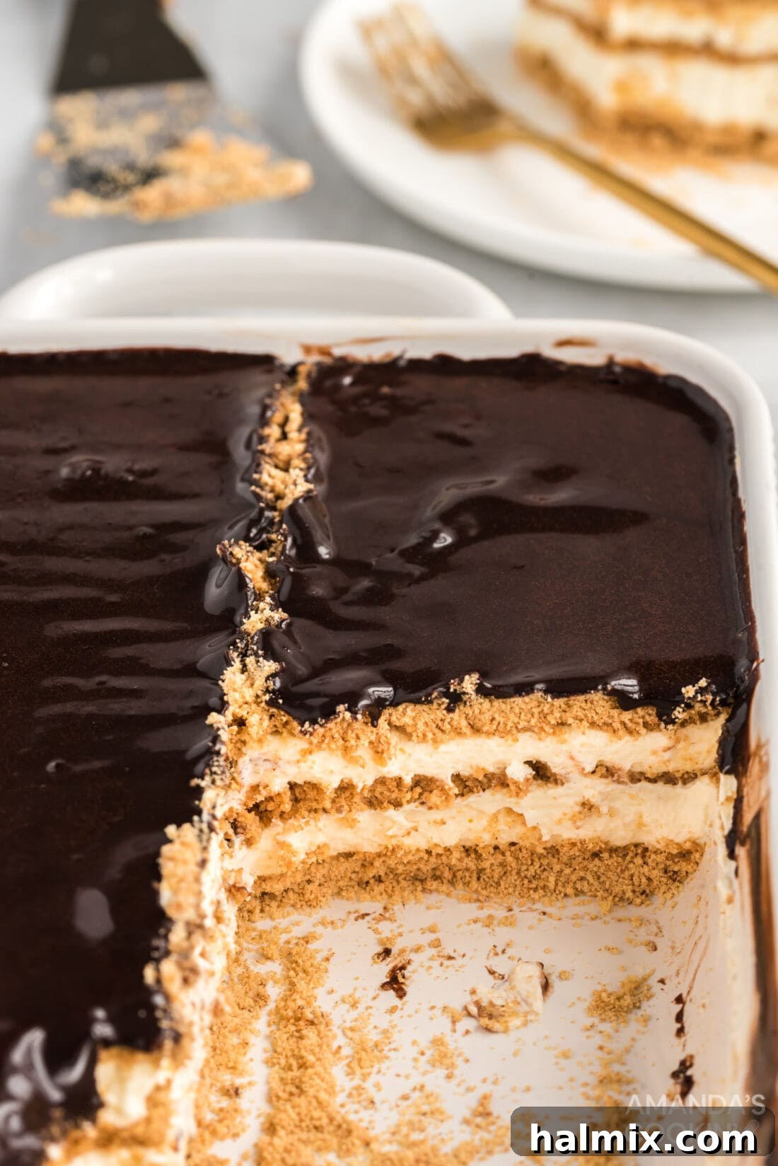 A full pan of a beautiful no-bake eclair cake, perfectly chilled and ready to be served, showcasing its smooth chocolate topping.