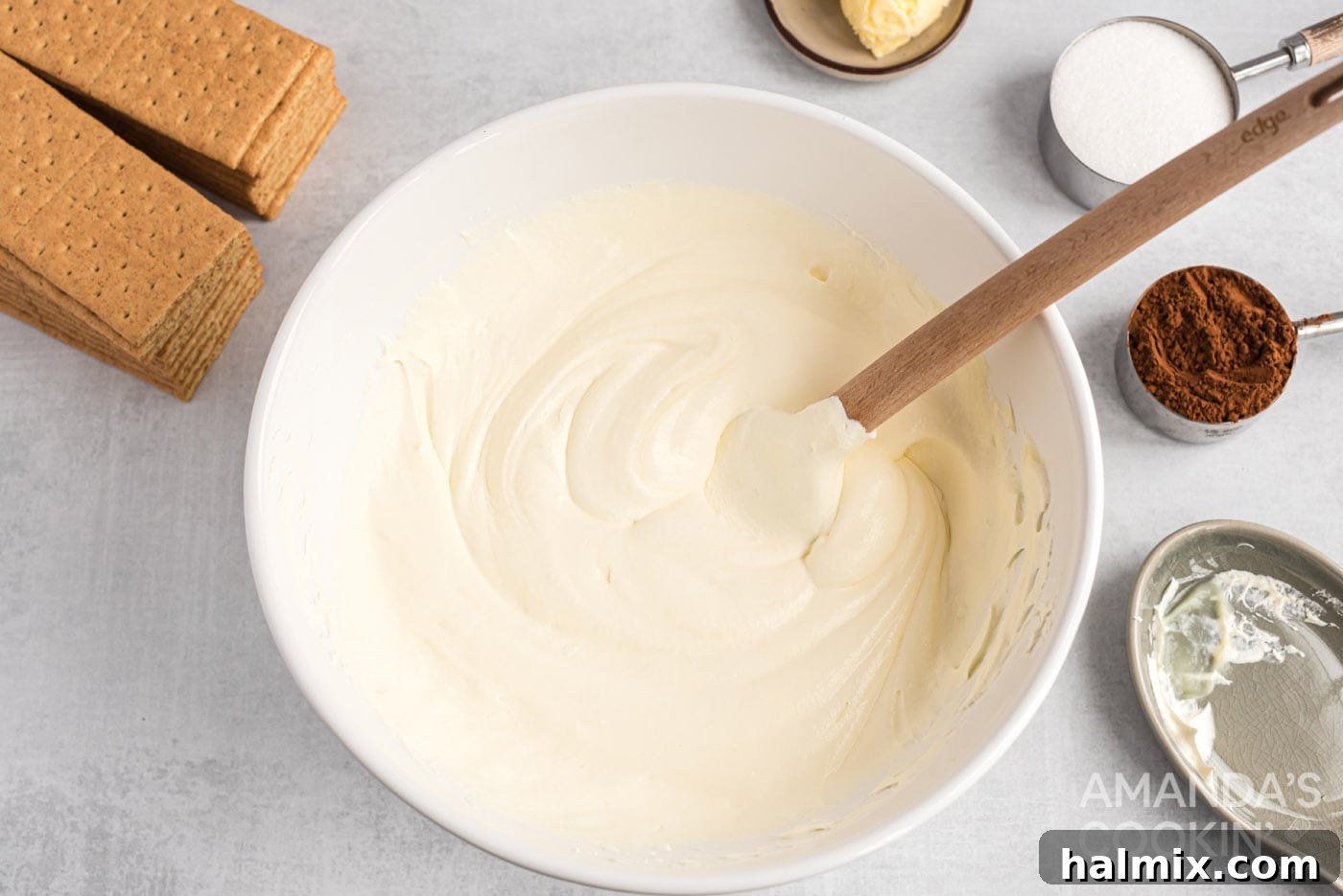 The smooth and creamy mixture of pudding and whipped topping after being gently folded together into a light filling.