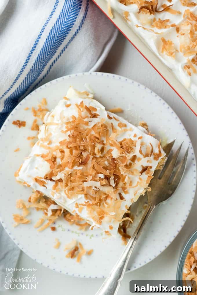 A vibrant overhead perspective of the Coconut Cream Lush dessert, highlighting its creamy texture and the abundance of toasted coconut on top.