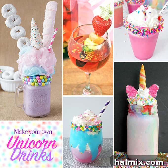 A collage of various unicorn-themed freakshakes and drinks from different bloggers, showcasing a spectrum of colors and creative toppings.