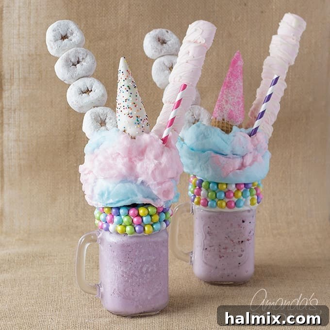 The grand finale: two finished purple unicorn freakshakes, bursting with an array of colorful toppings like donuts, marshmallows, cotton candy, and unicorn horns, presenting a vibrant and inviting dessert.