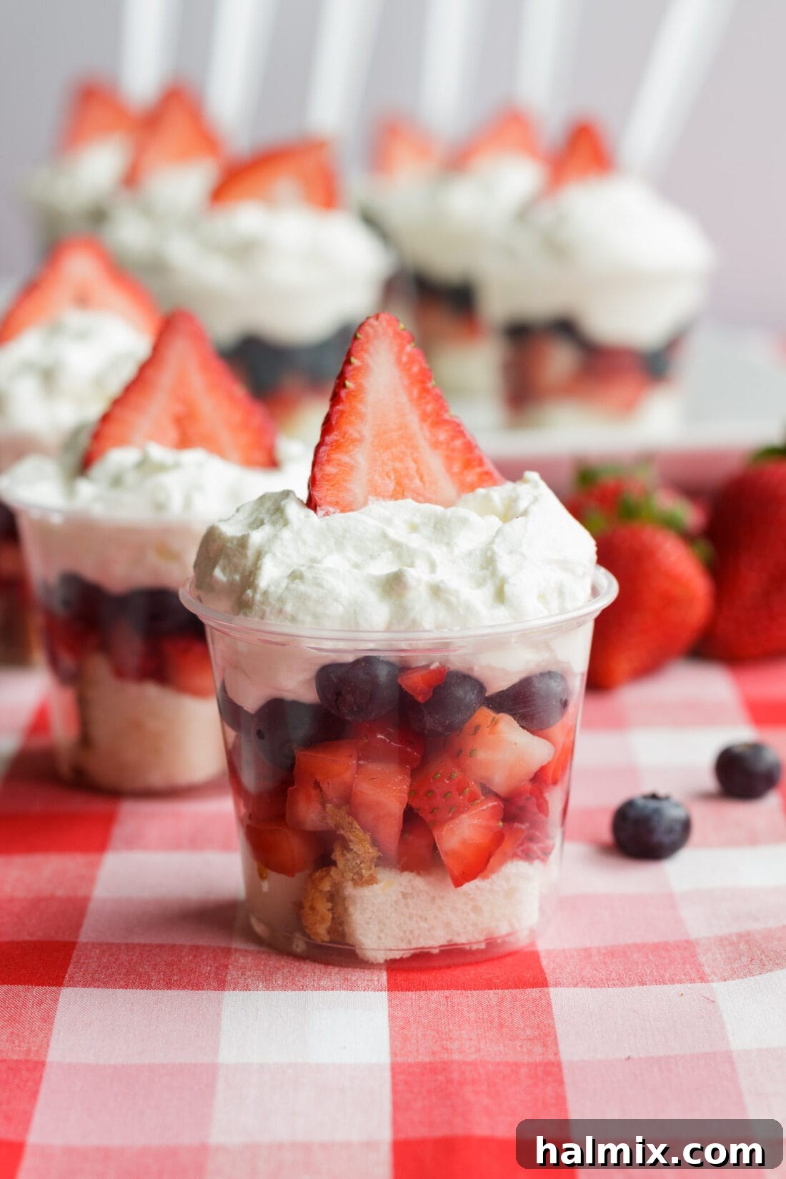 Mini Shortcake Cups are perfect for Memorial Day, 4th of July or just any time. These adorable little fruit and cake cups are just the right size. #patrioticdessert #memorialdaydessert #healthydessert #lowcaloriedessert A beautifully presented Mini Shortcake Cup with fresh strawberries, blueberries, and whipped cream, ready for a festive gathering.