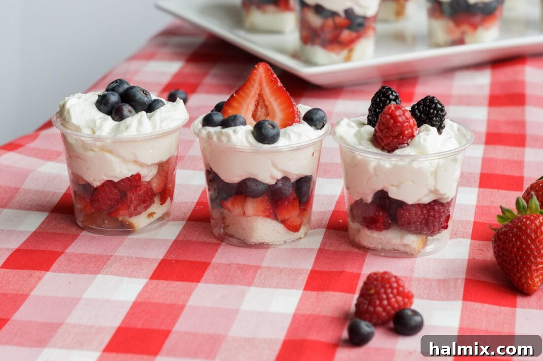 Mini Shortcake Cups are perfect for Memorial Day, 4th of July or just any time. These adorable little fruit and cake cups are just the right size. A trio of Mini Shortcake Cups, demonstrating different fruit and cake variations, perfect for diverse tastes.