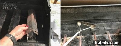 grill grates being brushed and cleaned