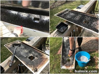 cleaning the bottom tray of a grill
