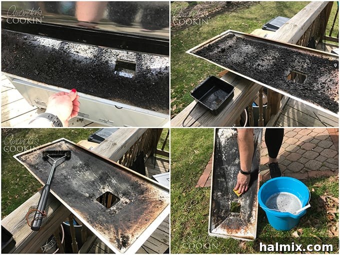 Brush and clean the bottom grease tray to remove stubborn particles.