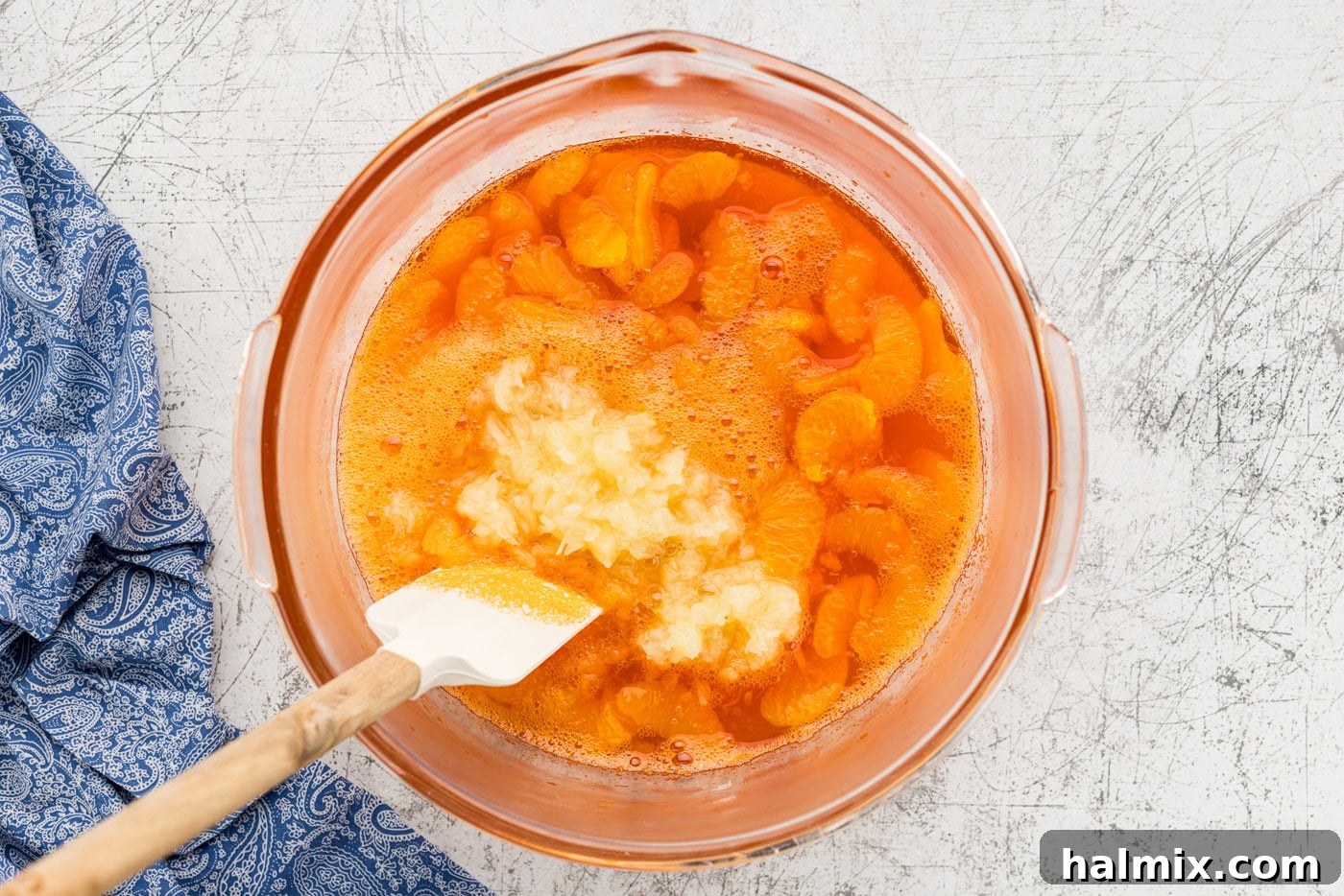 Sweet & Salty Orange Pretzel Bliss 10 mandarin oranges added to jello in bowl