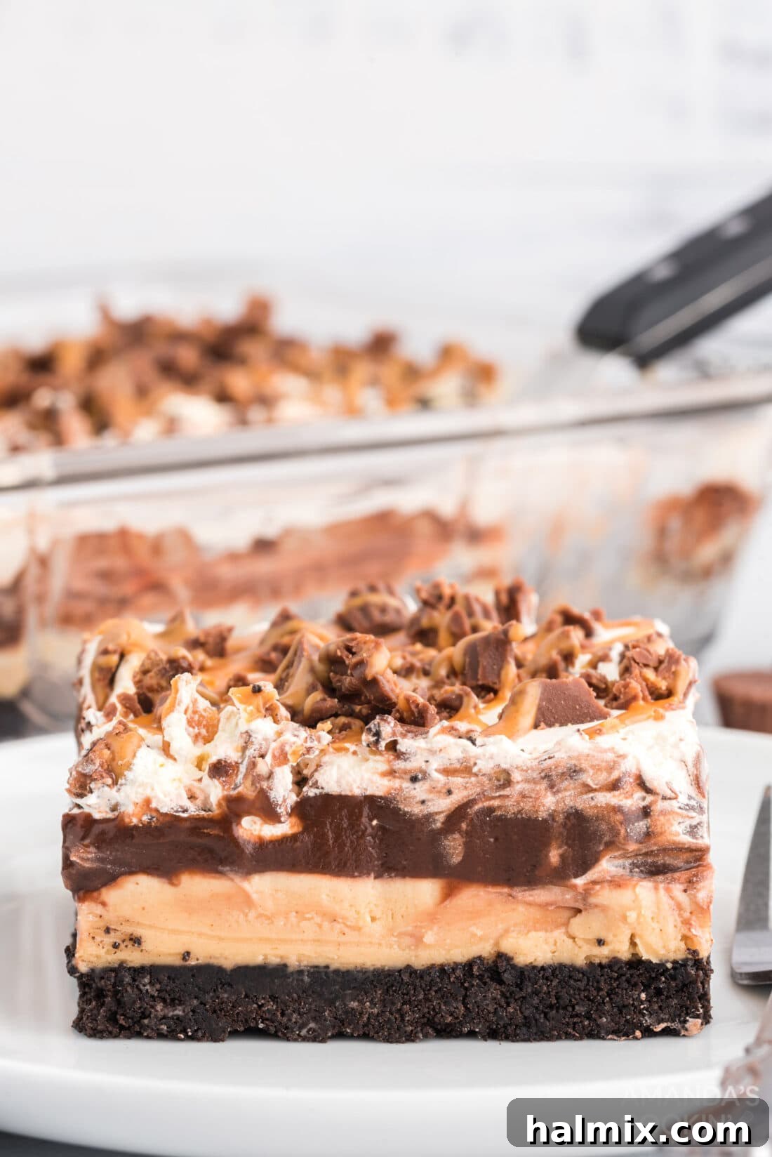 slice of Chocolate Peanut Butter Lasagna