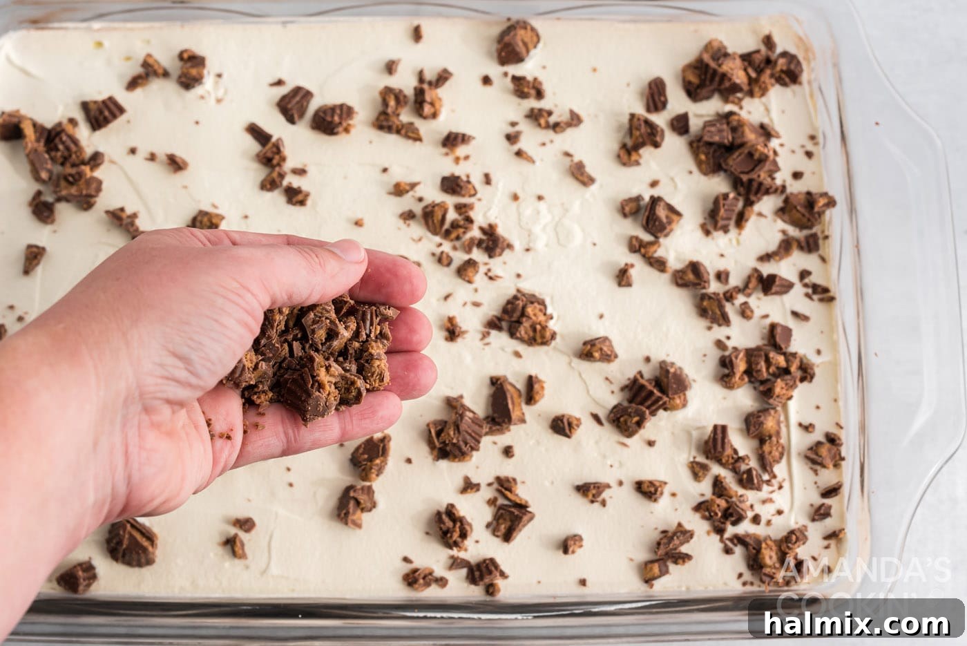 sprinkling chopped Reese's cups on top of dessert