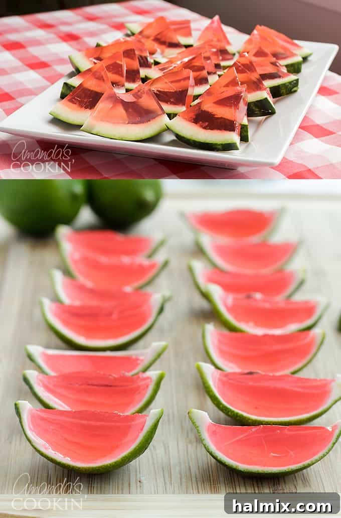 Watermelon jello shots beautifully arranged in lime rinds and a larger watermelon rind, showcasing both creative presentations for summer parties.