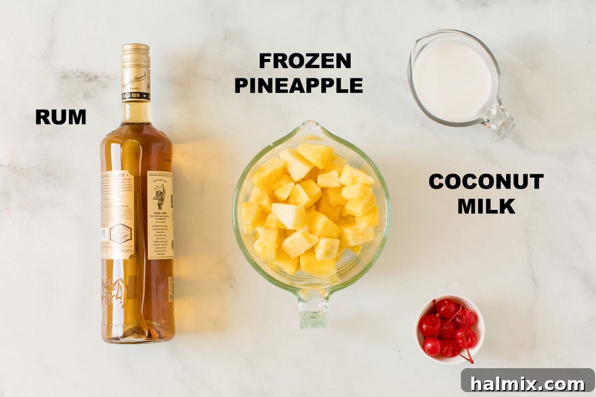 Clearly labeled ingredients for making pineapple rum slush: frozen pineapple, a can of coconut milk, a bottle of gold or dark rum, and optional garnishes like maraschino cherries and pineapple wedges.