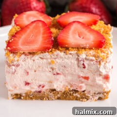 Close up photo of a slice of Strawberry Dream Dessert
