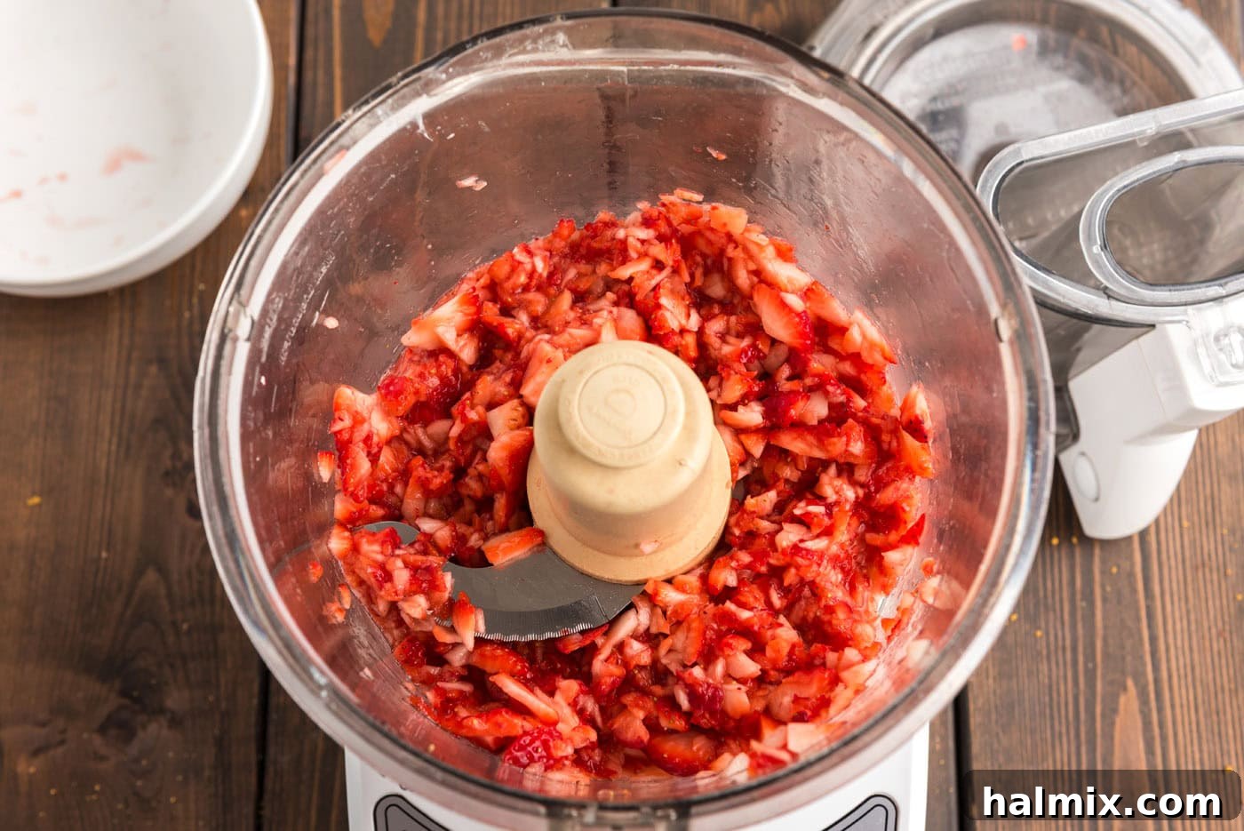 strawberries blitzed in a food processor