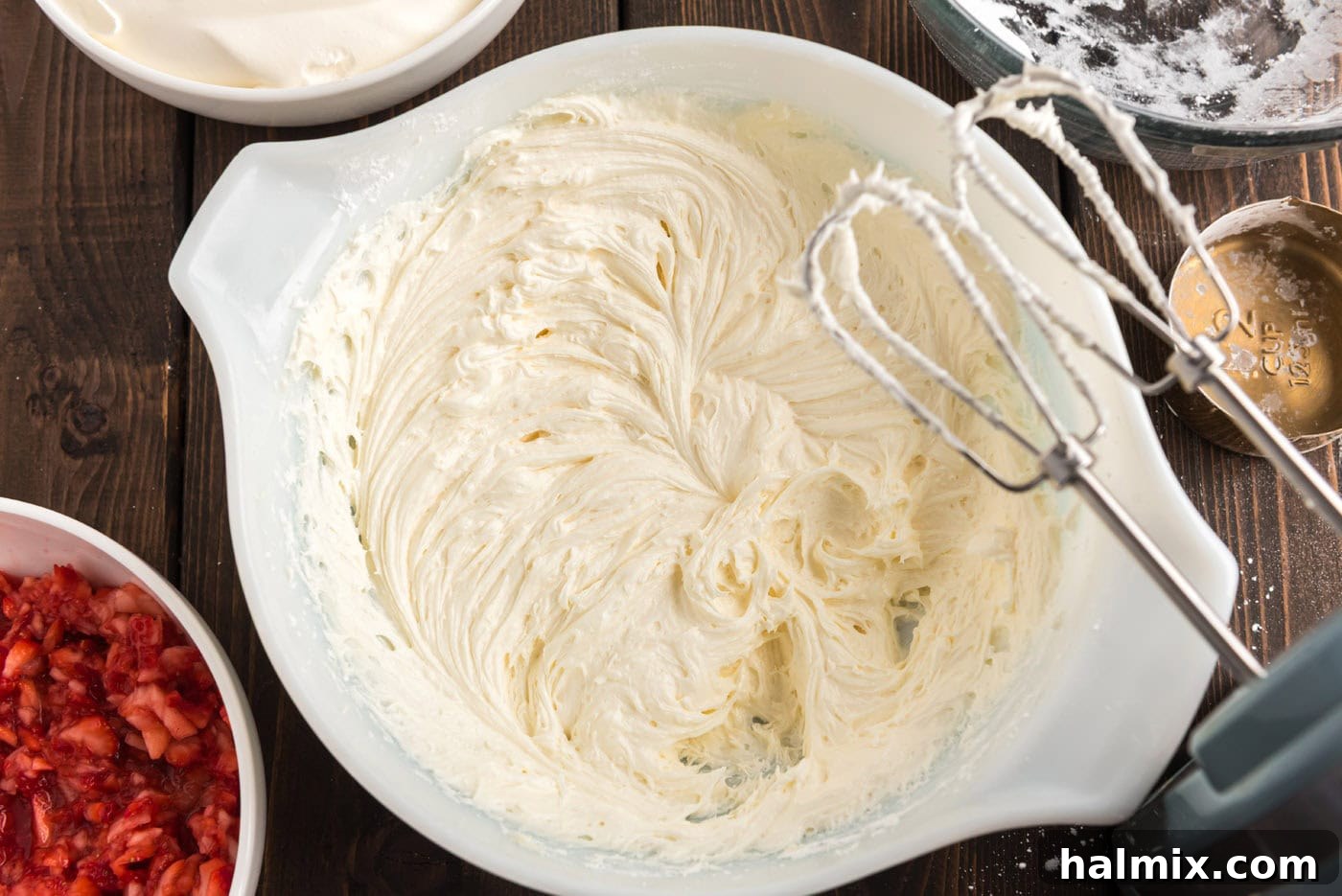 cream cheese mixture on electric mixer whisk