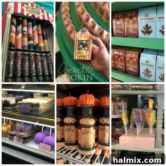 Universal fun foods - Bertie Bott's beans, peppermit frogs, fudge flies, witch hat cupcakes, pumpkin juice, frogs on a stick