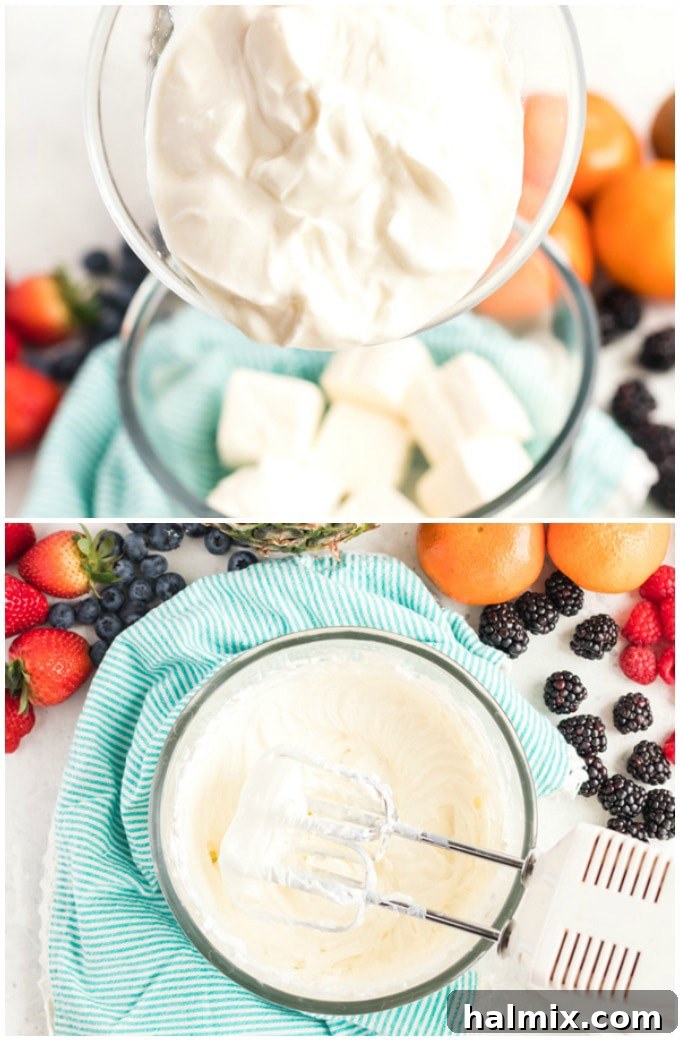 mixing cream cheese and yogurt