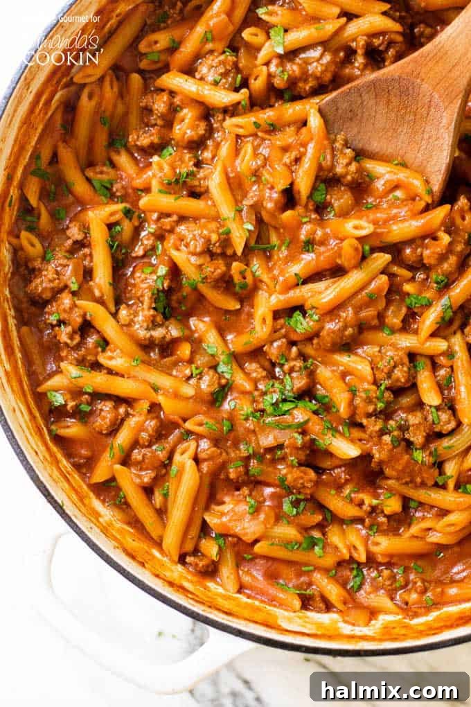 Sloppy Joe Skillet Pasta 2 A vibrant overhead shot of One Pot Sloppy Joe Pasta, showcasing tender pasta mixed with a rich, tangy tomato and ground beef sauce, garnished with fresh herbs, ready to be served from a single pot.