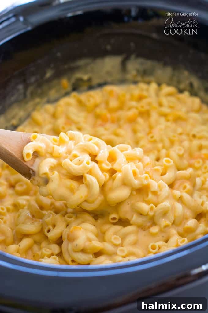 Creamy slow cooker mac and cheese with uncooked pasta: a simple, delicious recipe everyone will love. #crockpotmacandcheese #noboilmacandcheese #easyrecipe #comfortfood Delicious macaroni and cheese served in a crockpot, ready to be enjoyed.