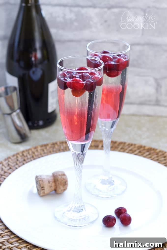 cranberry prosecco punch in elegant glasses with cranberries