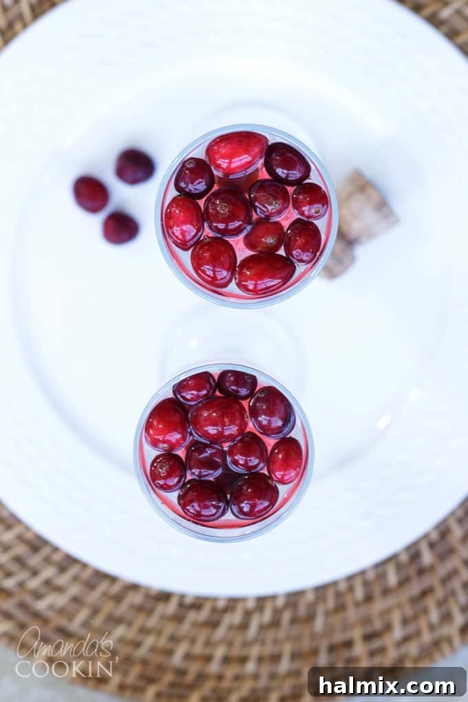 overhead shot of cranberry prosecco punch in glasses