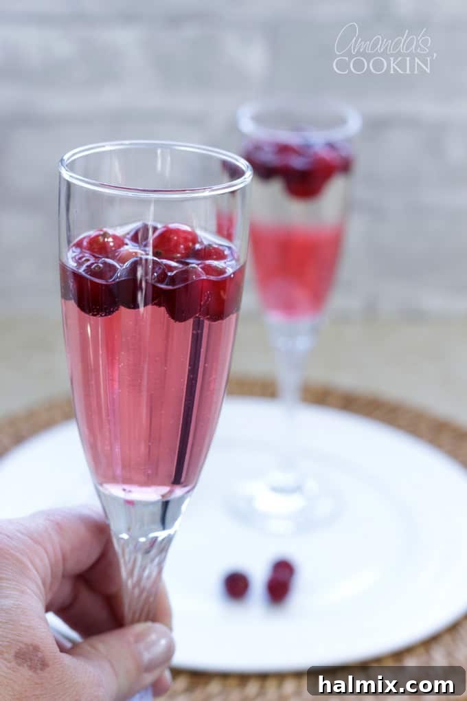 person holding a glass of cranberry prosecco punch