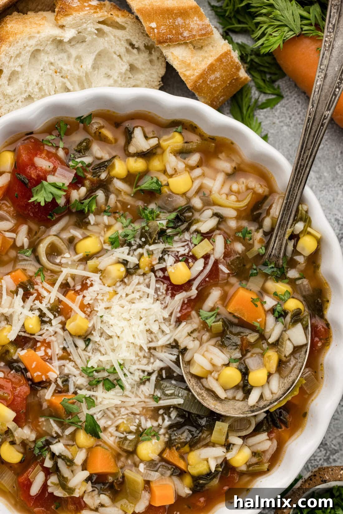 Garden Harvest Rice Soup 2 Close up photo of a bowl of Vegetable Rice Soup with a spoon in it, steam rising