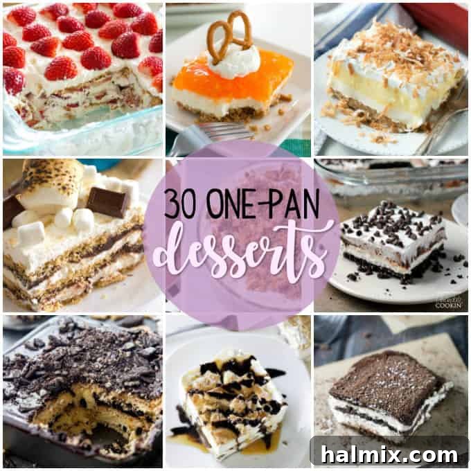 A vibrant collage showcasing various one-pan desserts, from fruity icebox cakes to rich chocolate lasagnas, hinting at an array of easy-to-make sweet treats.