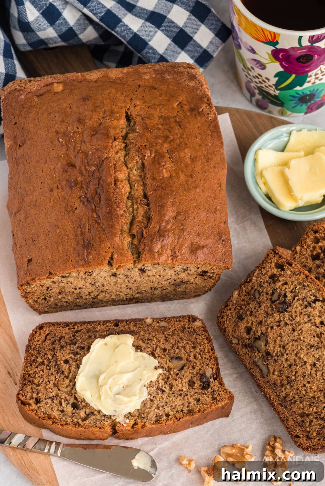 overhead view of sliced banana bread