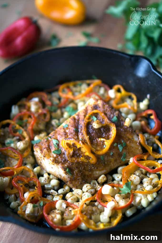 cast iron pan with cod and vegetables