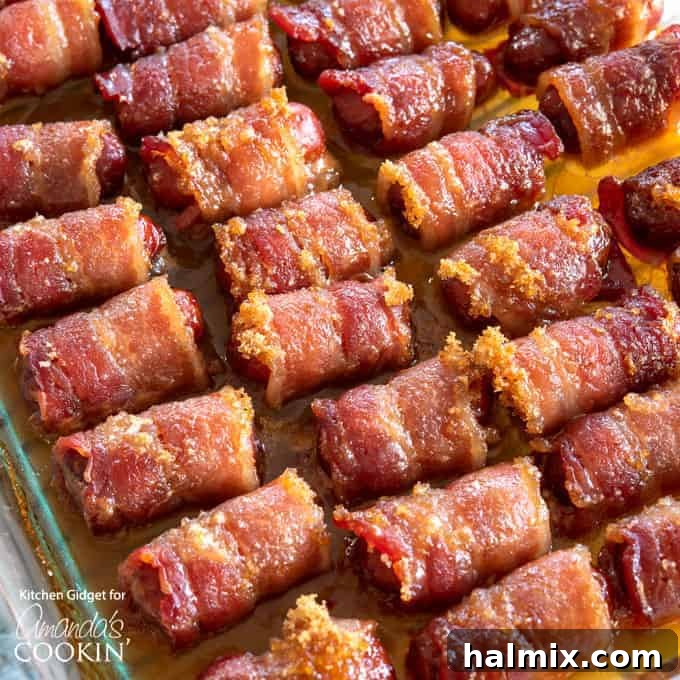 bacon wrapped smokies in a pan