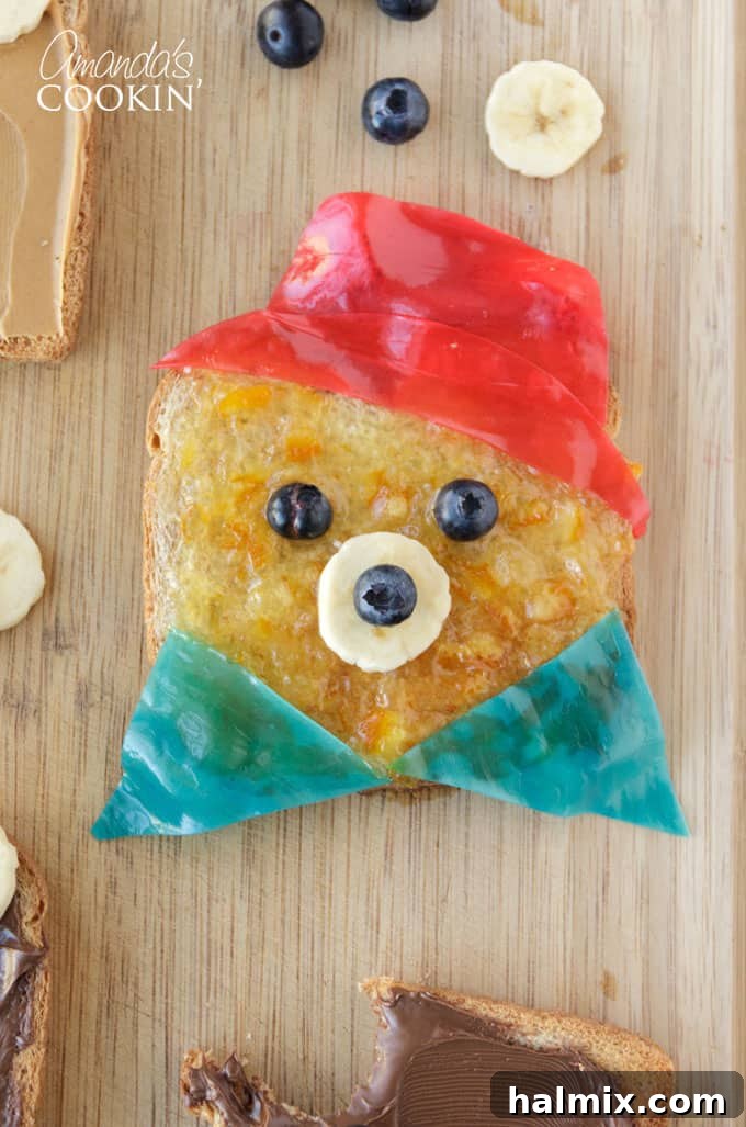 Close-up of three adorable Paddington Bear toasts on a wooden board