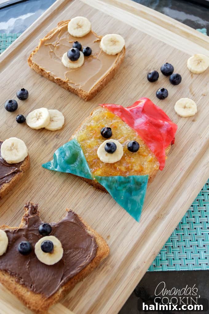 Paddington Bear toast being prepared on a wooden cutting board