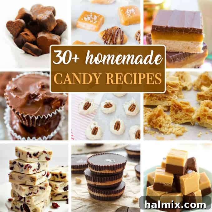 A vibrant collage featuring various homemade candy recipes, including fudge, hard candy, and chocolates, showcasing the diverse collection available.