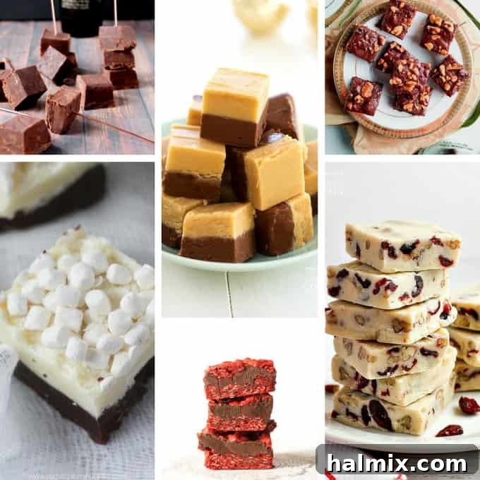 A collage showcasing a variety of homemade fudge recipes, from chocolate peanut butter to white chocolate cranberry, highlighting the creamy textures.