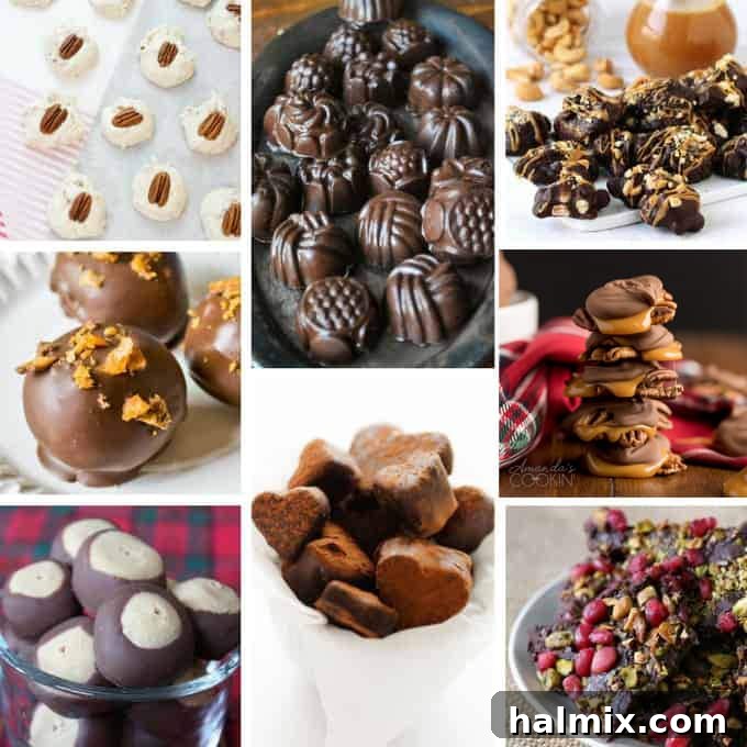 A collage of homemade chocolate candy photos, showcasing truffles, clusters, and bark, highlighting decadent textures and rich flavors.