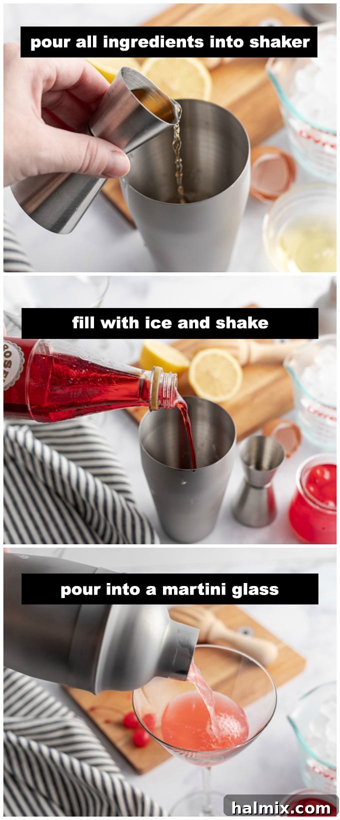 The process of mixing a Pink Lady Cocktail, showing ingredients being added to a shaker to create this gorgeous drink. making a pink lady cocktail drink