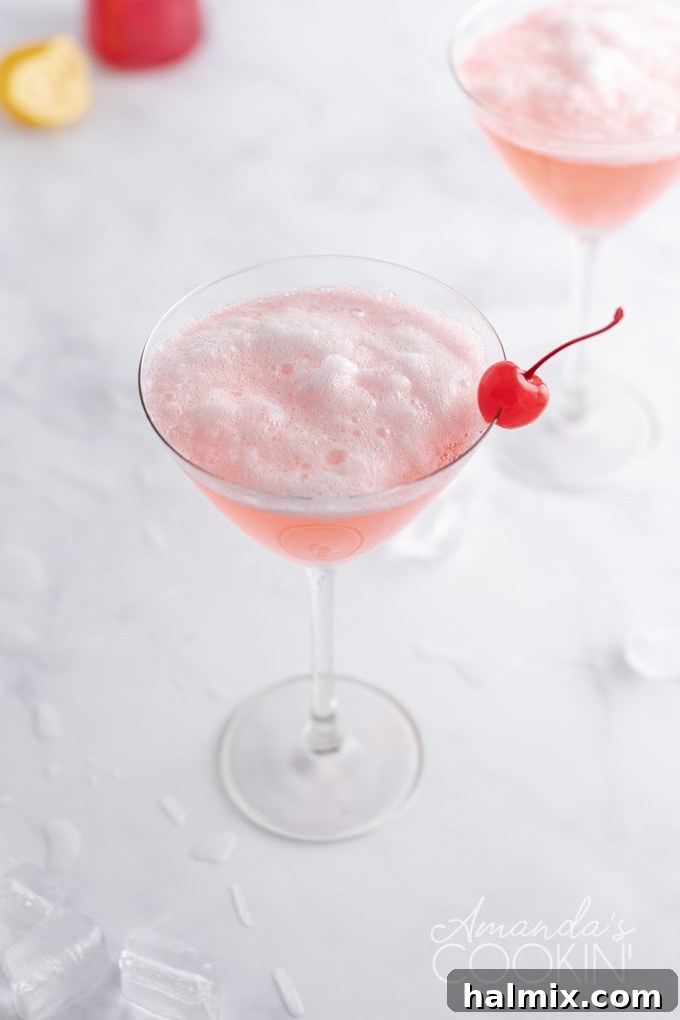 An enticing overhead view of a frothy Pink Lady in a martini glass, garnished and ready to be enjoyed on ladies night or Valentine's Day. overhead view of frothy pink lady in martini glass
