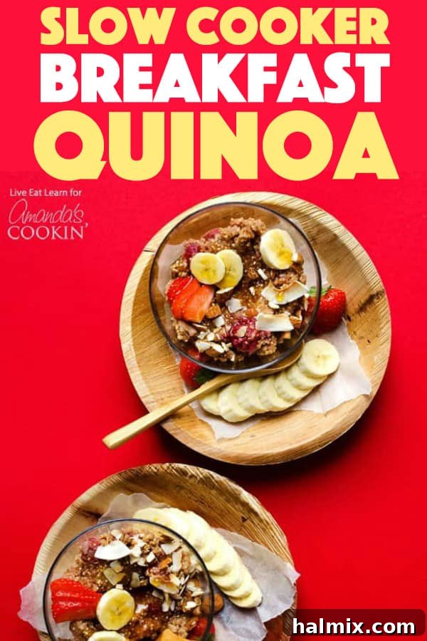 Overnight Quinoa Breakfast Delight 3 Full bowl of Slow Cooker Breakfast Quinoa, garnished with fresh fruit and ready to eat
