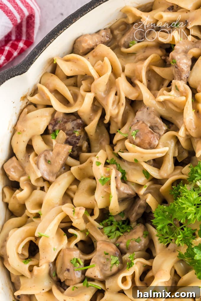 Close-up of beef and egg noodles coated in creamy stroganoff sauce in a white serving pan.