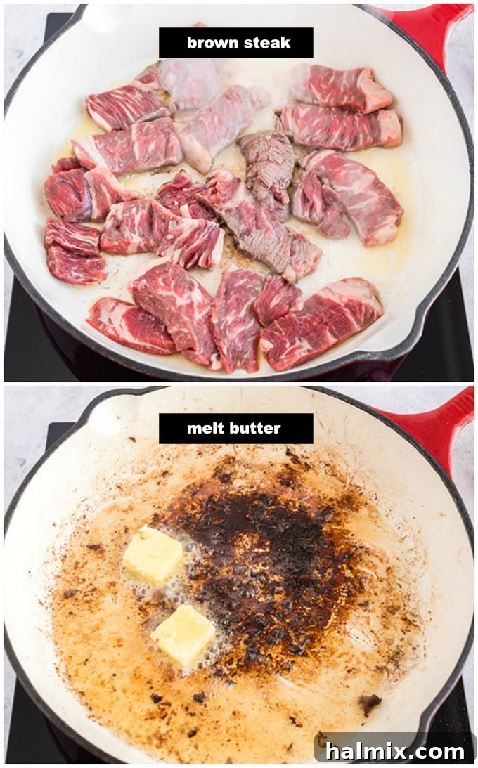 Browning steak slices in a hot skillet for beef stroganoff.