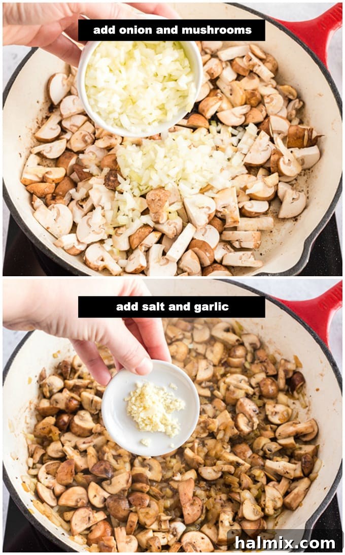 Sautéing onions, mushrooms, and garlic in a skillet for the stroganoff sauce.