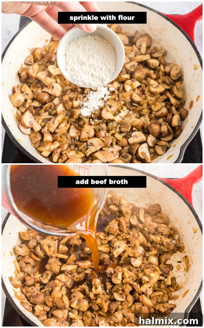 Adding flour and beef broth to the sautéed vegetables to create the stroganoff gravy.