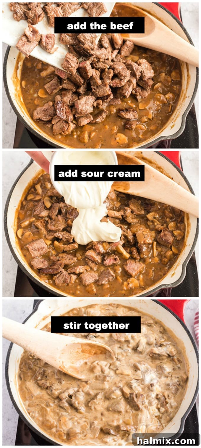 Returning beef and stirring in sour cream to complete the beef stroganoff.