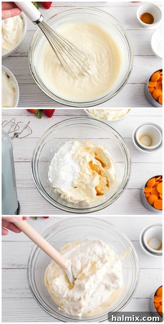 Stages of preparing pudding and cream cheese topping for a trifle, showing ingredients in bowls before mixing and after.