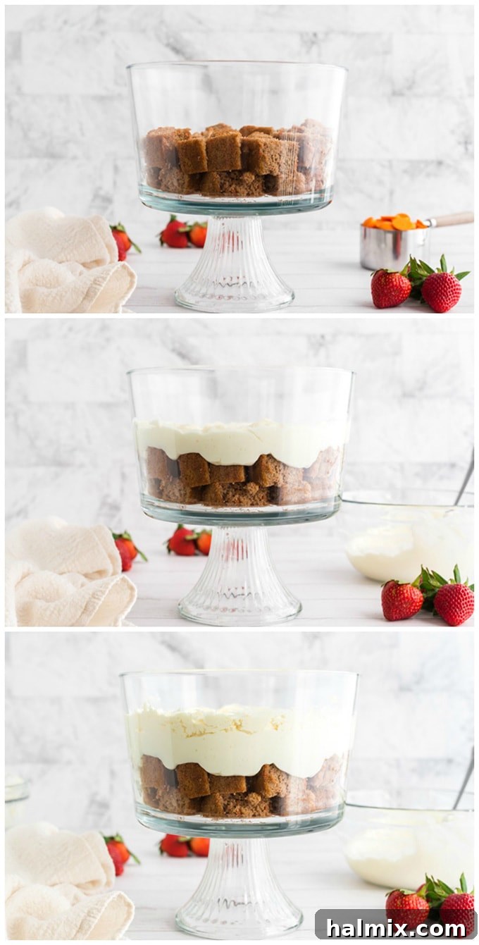 Process of layering carrot cake, pudding, and cream cheese mixture into a glass trifle bowl, showing the beautiful distinct layers.