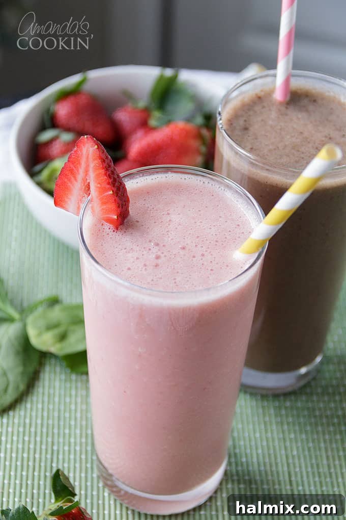 Two glasses of vibrant, delicious vegan smoothies ready to be enjoyed